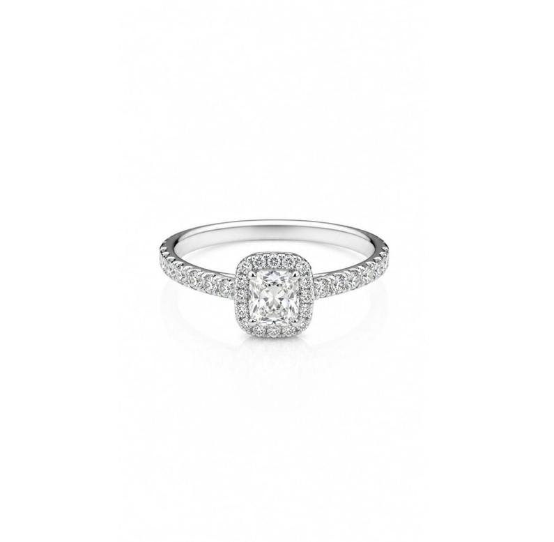 Cushion Shape 18K White Gold Ring with Round Shape Side Diamonds