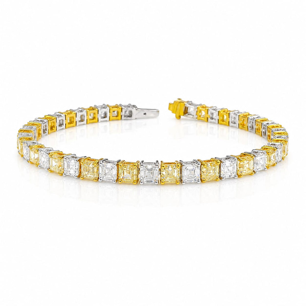 Asscher Shape 0.28 & 0.21 up Fancy Yellow VVS-VS - 18K White & Yellow Gold Tennis Bracelet