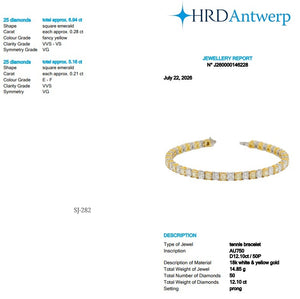 Asscher Shape 0.28 & 0.21 up Fancy Yellow VVS-VS - 18K White & Yellow Gold Tennis Bracelet